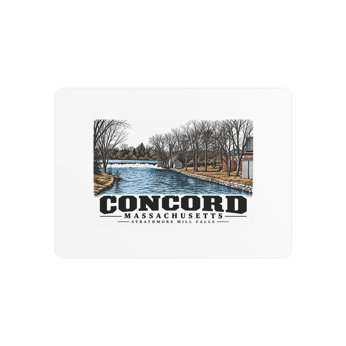 Illustrated Strathmore Mill Falls in Concord on metal art sign