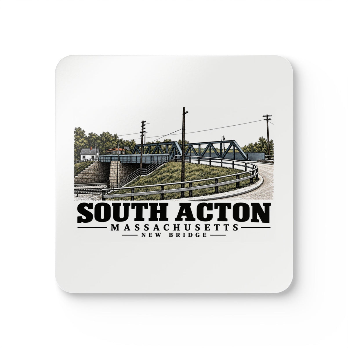 Illustrated New Bridge in Acton on corkwood coaster set