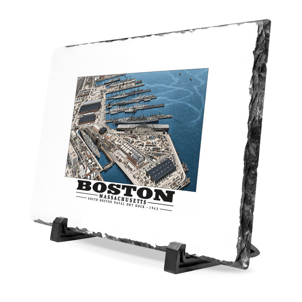 Aerial view of US Naval Dry Dock-BB-61 USS IOWA in dry dock #3-USS BUNKER HILL at East Jetty-AP-21 USS WAKEFIELD at pier 7 × 11 in Slate Desk Plaque - Boston Harbor
