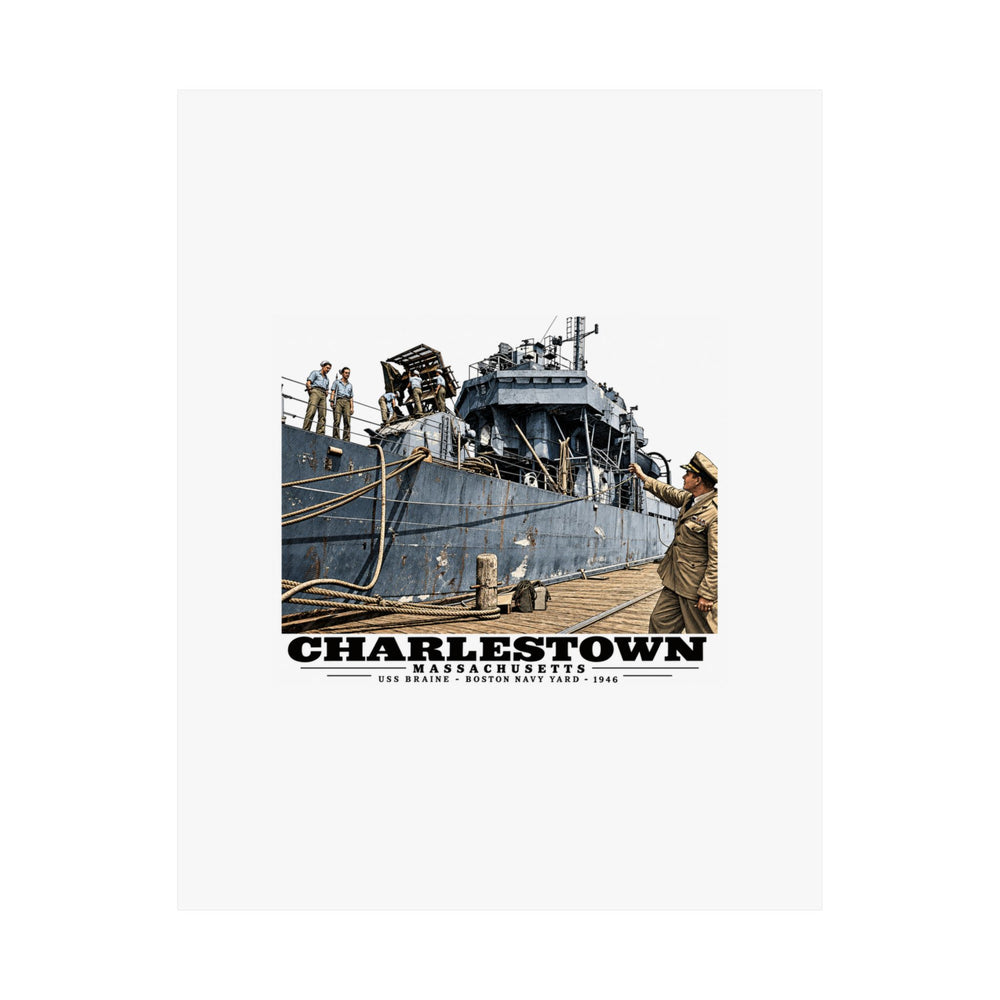 Illustrated USS Braine at Boston Navy Yard in Charlestown on unframed matte poster