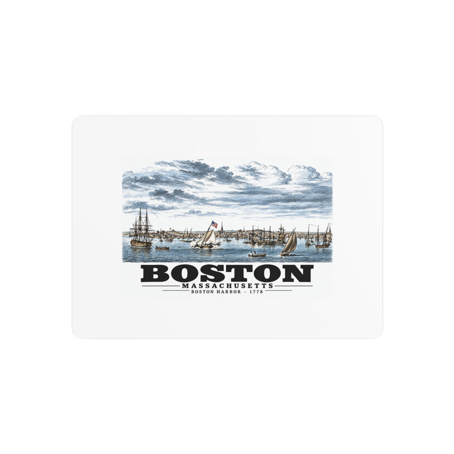 Metal wall print showing Boston Harbor waterfront scene with sailing ships artwork and Boston lettering