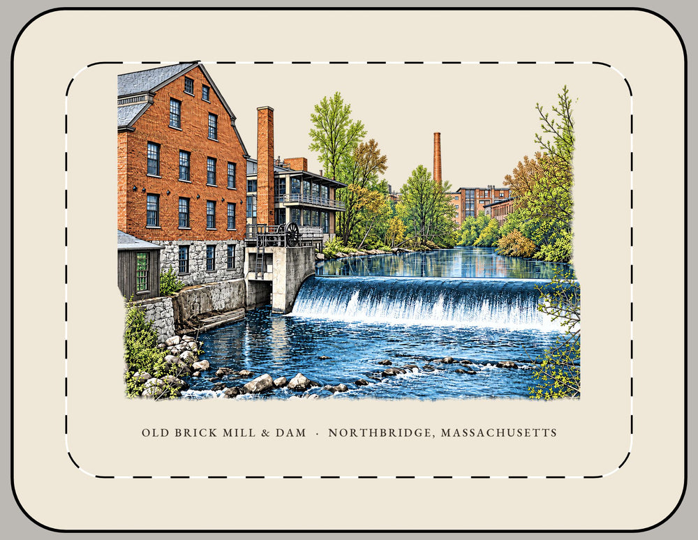 Northbridge Old Brick Mill and Mumford River Dam 15-inch laptop sleeve mockup showing the full illustrated print
