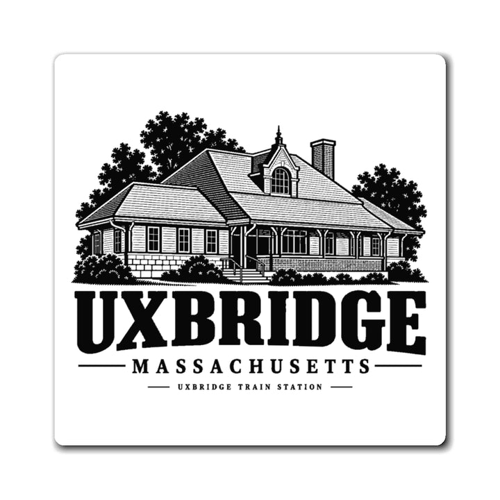 Front view of the Uxbridge Train Station 4-inch square magnet with design