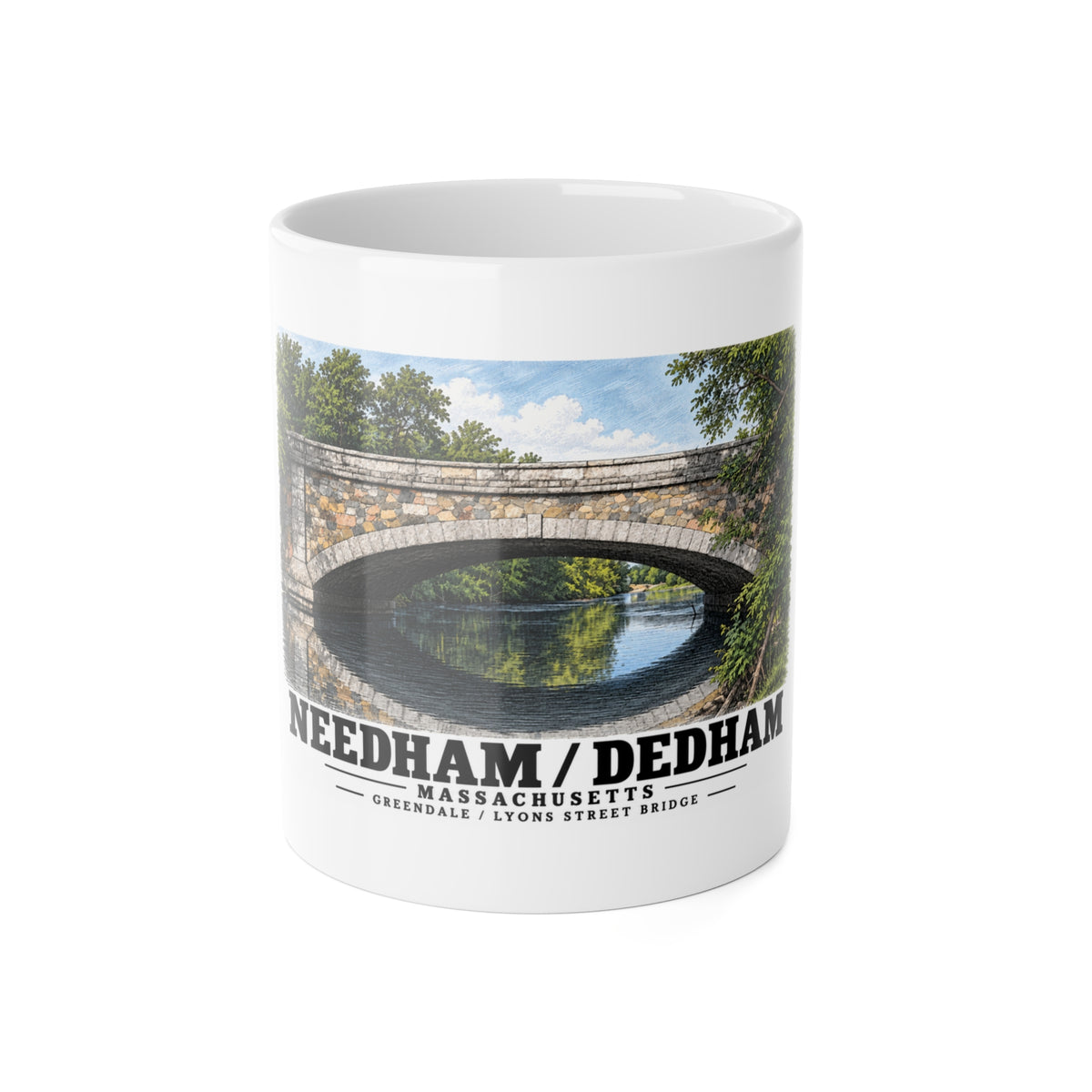 White mug showing Greendale Avenue / Lyons Street Bridge stone arch and reflection artwork and Needham/Dedham lettering