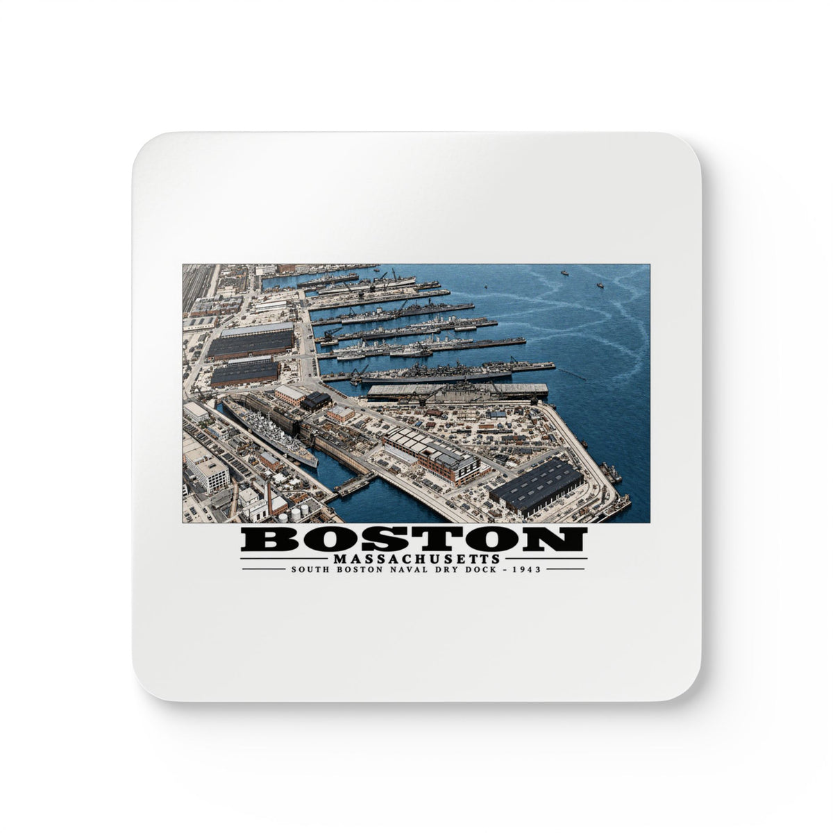 Aerial view of US Naval Dry Dock-BB-61 USS IOWA in dry dock #3-USS BUNKER HILL at East Jetty-AP-21 USS WAKEFIELD at pier Cork Back Coaster Set - Boston Harbor