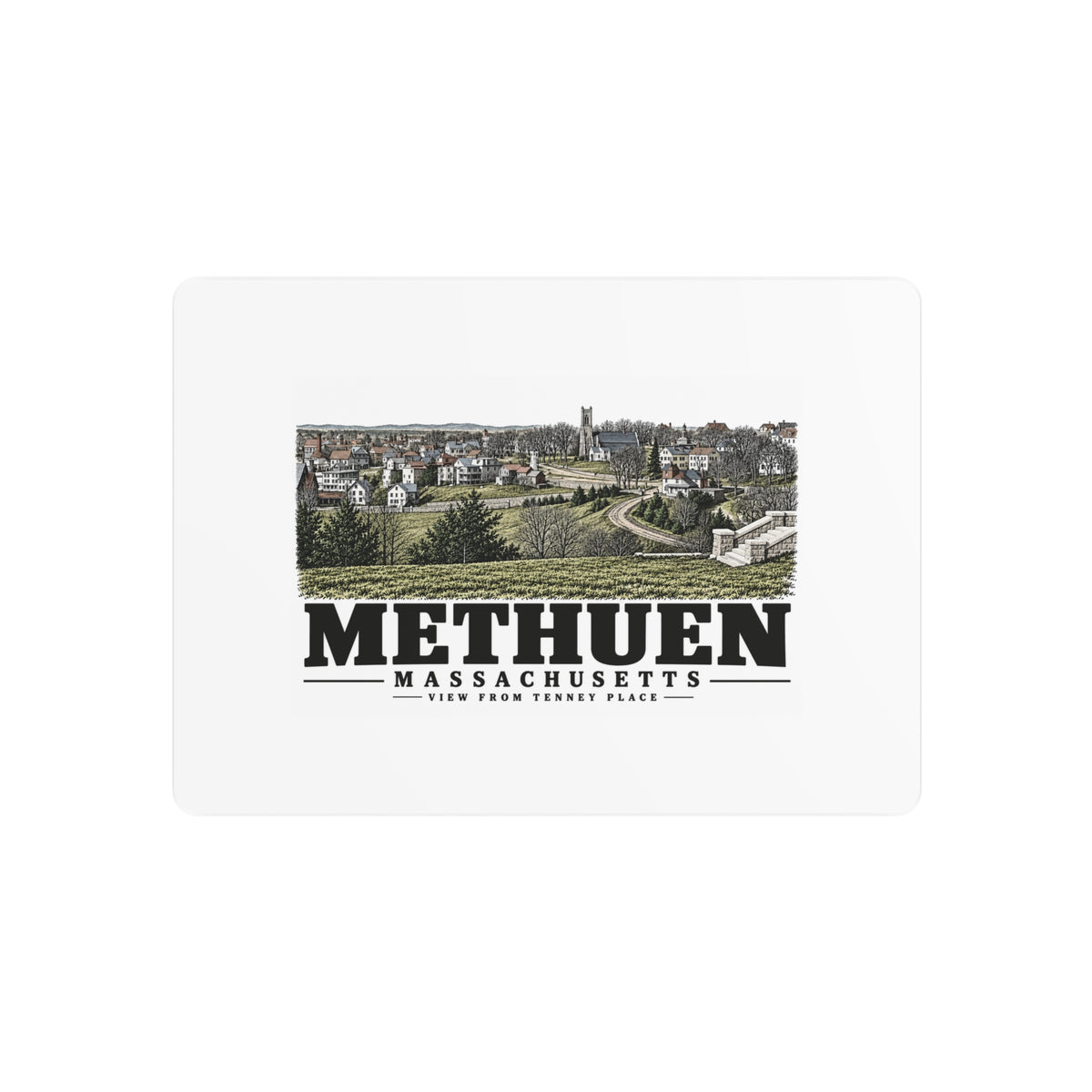 Front of View from Tenney Place metal wall art, with Methuen, Massachusetts artwork and lettering.