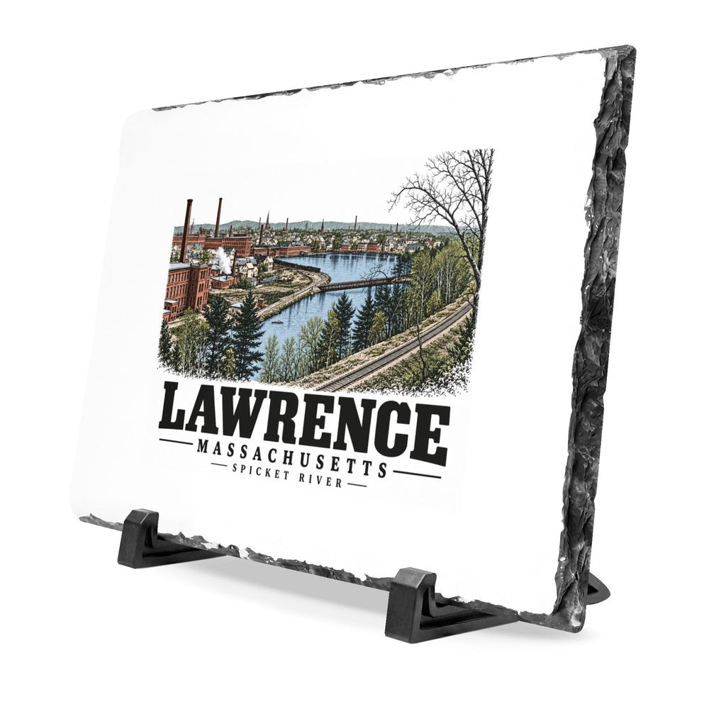 Angled front on display stands of Spicket River slate desk plaque, with Lawrence, Massachusetts artwork and lettering.
