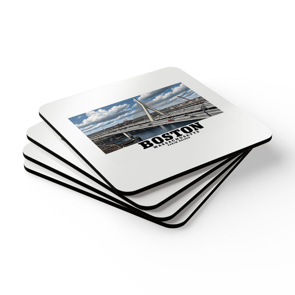 Stack of square coasters with Zakim Bunker Hill Bridge cable-stayed towers and Charles River artwork visible on the top coaster
