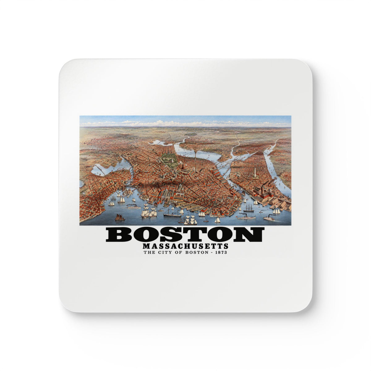 White square coaster showing historic Boston city and waterways bird-eye panorama artwork and Boston lettering