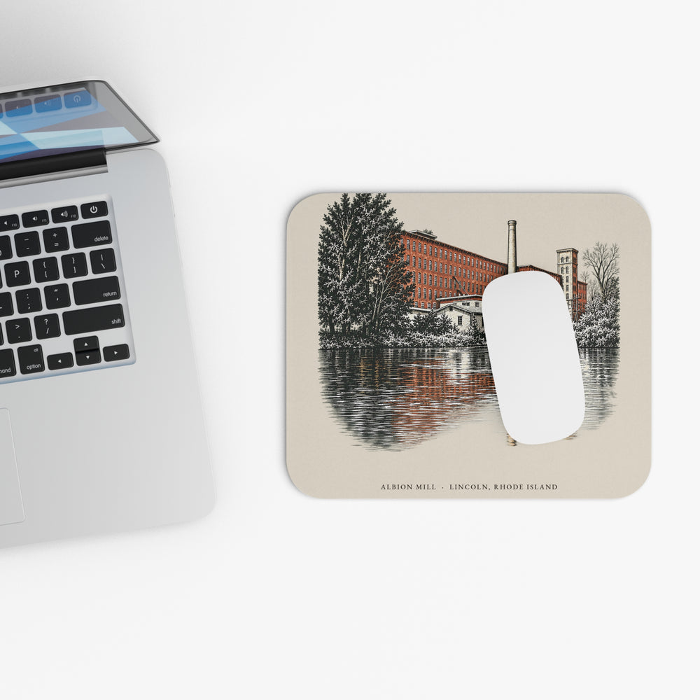 Lincoln Albion Mill mouse pad mockup showing the full illustrated print