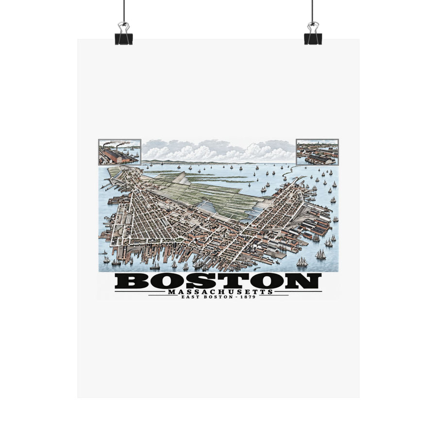 East Boston bird-eye city and harbor panorama with inset views poster with Boston lettering hanging from two binder clips