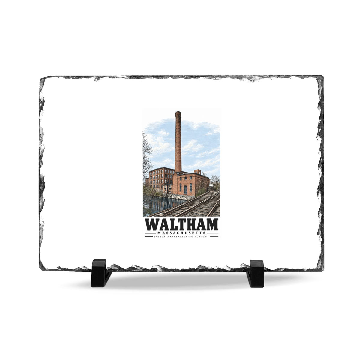 Front view of the Boston Manufacturing Company boilerhouse and railway slate plaque on black display stands.