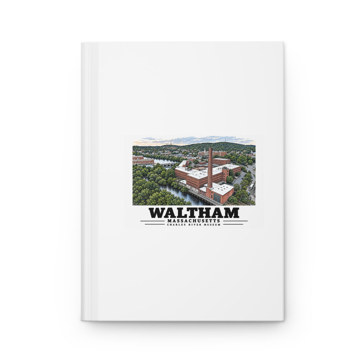 Closed front cover of the matte hardcover journal with Waltham Charles River Museum artwork.