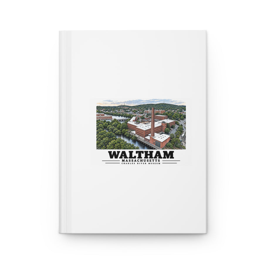 Closed front cover of the matte hardcover journal with Waltham Charles River Museum artwork.