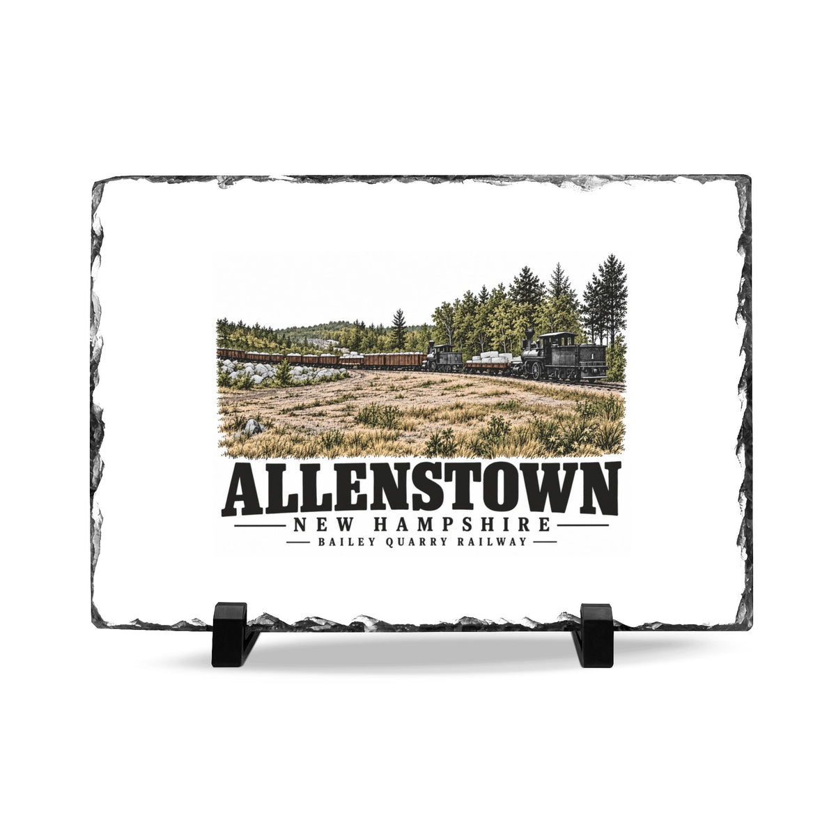 Front on black stands of Bailey Quarry Railway slate desk plaque, Allenstown, New Hampshire.