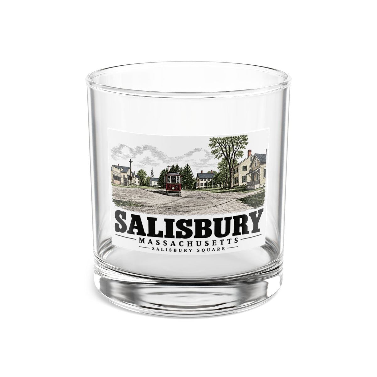 Illustrated Salisbury Square with Exeter-signed streetcar in Salisbury on rocks glass