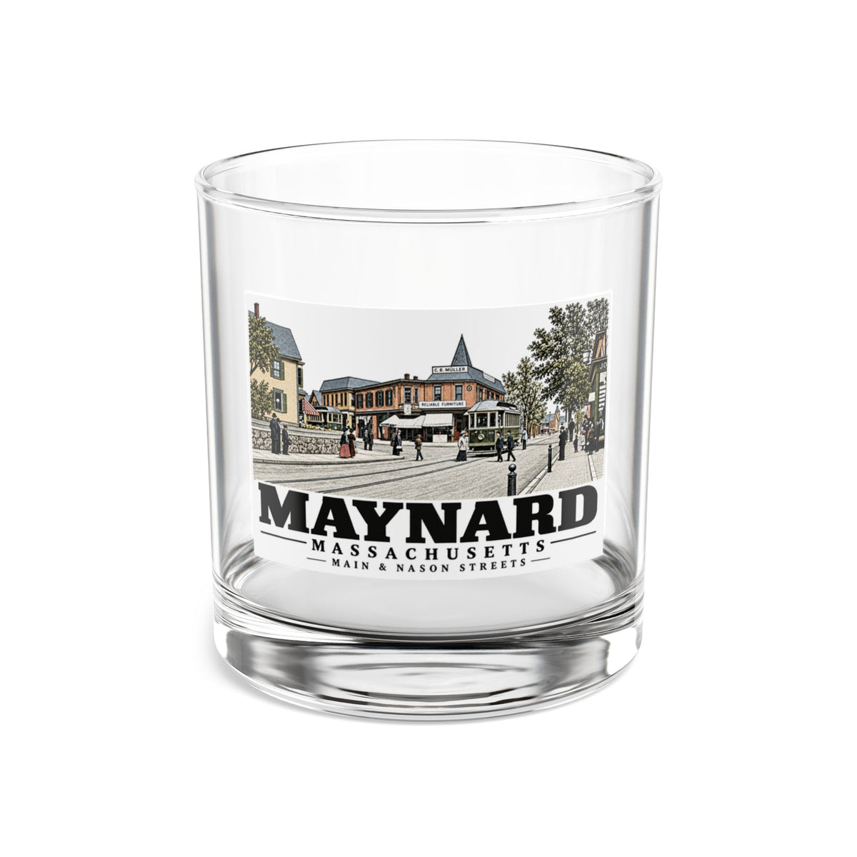 Illustrated Main & Nason Streets in Maynard on rocks glass