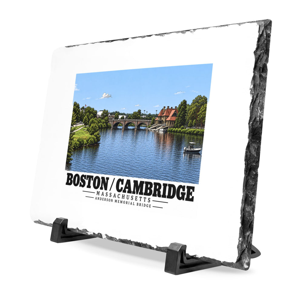 Angled rough-edged slate display on black stands showing Anderson Memorial Bridge distant river view artwork