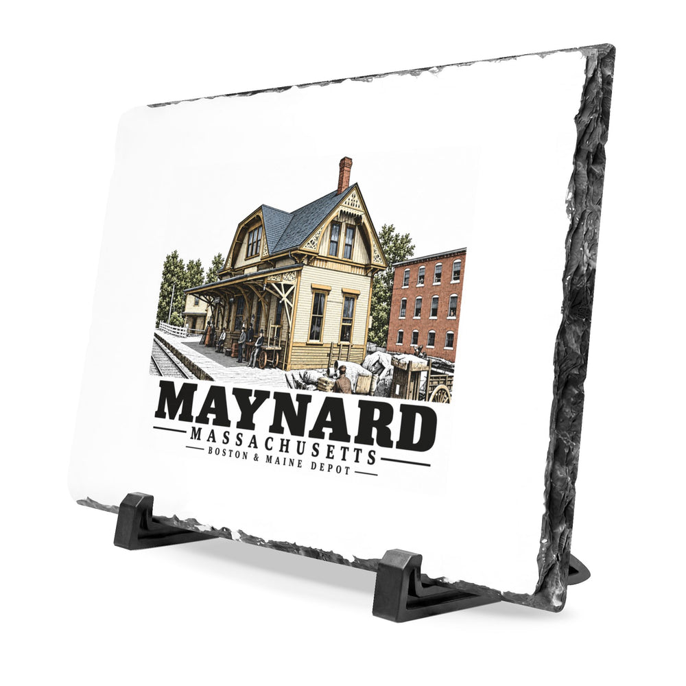 Illustrated Boston & Maine Depot in Maynard on slate desk plaque