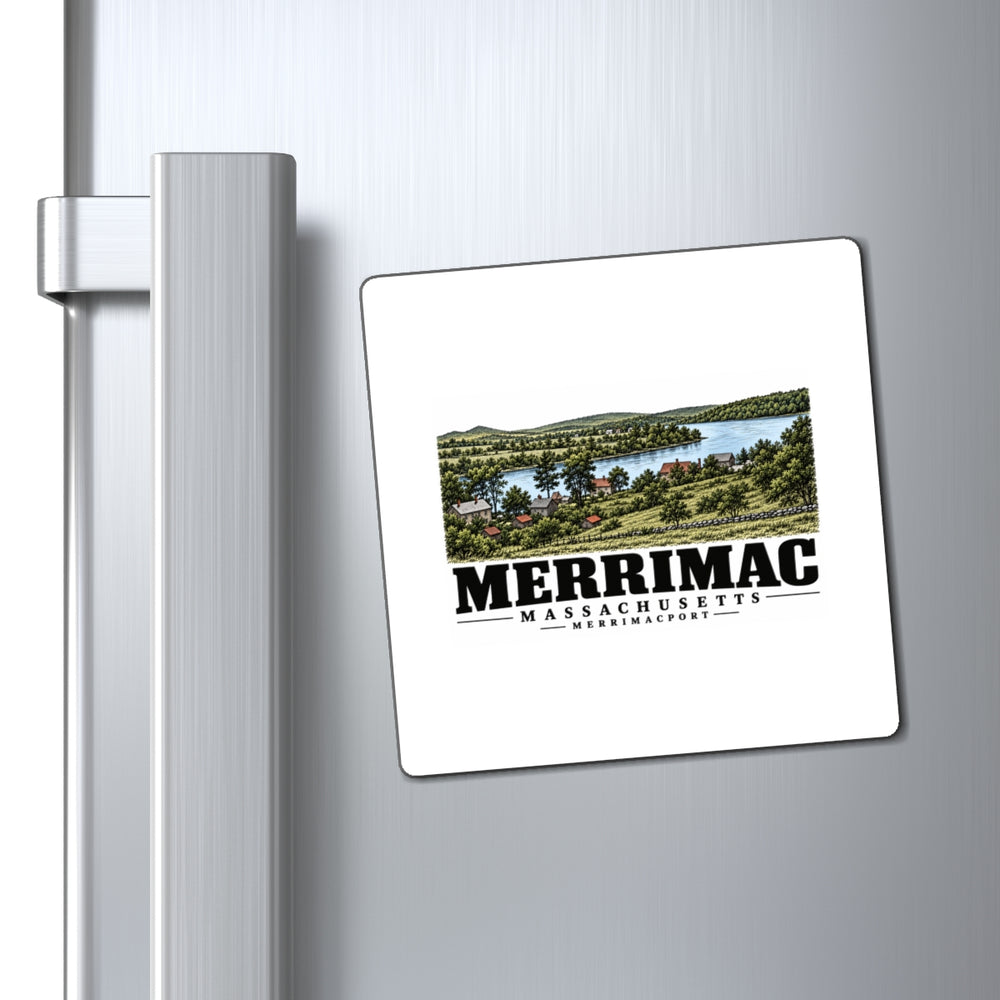 Refrigerator display of Merrimack River from Noyes Hill square magnet, with Merrimac, Massachusetts artwork and lettering.