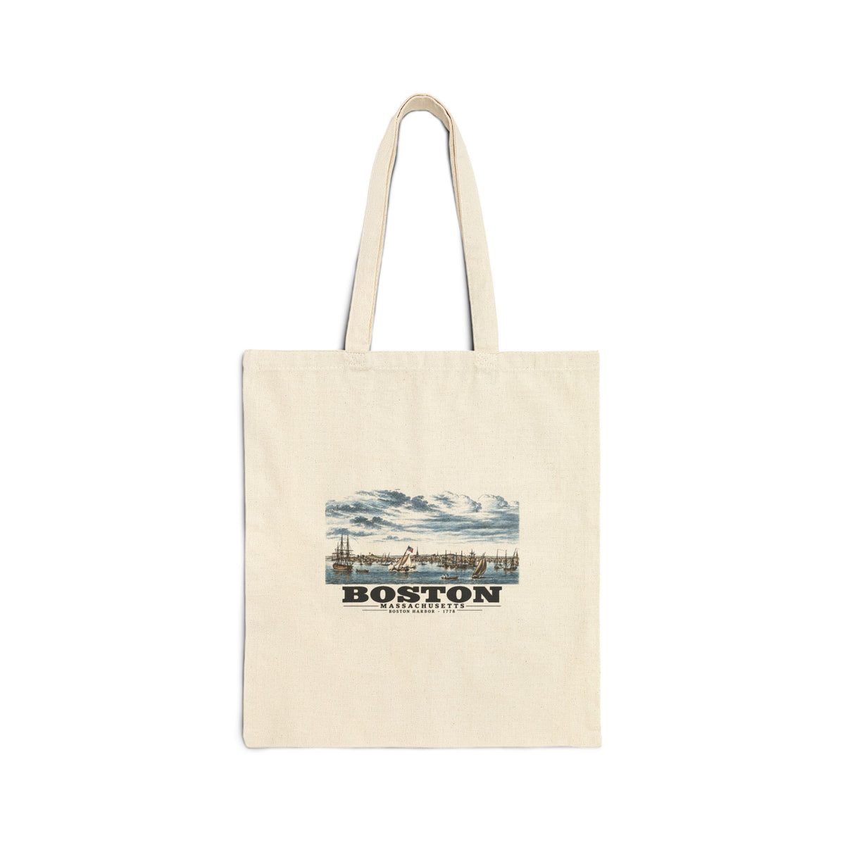Natural fabric tote with Boston Harbor waterfront scene with sailing ships artwork and Boston lettering