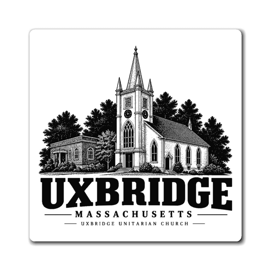 Front view of the Uxbridge Unitarian Church 4-inch square magnet with design