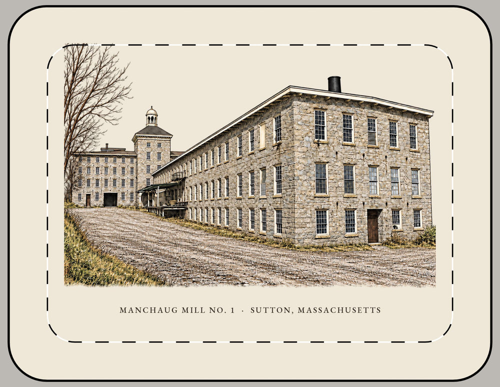 Sutton Manchaug Mill No. 1 15-inch laptop sleeve mockup showing the full illustrated print