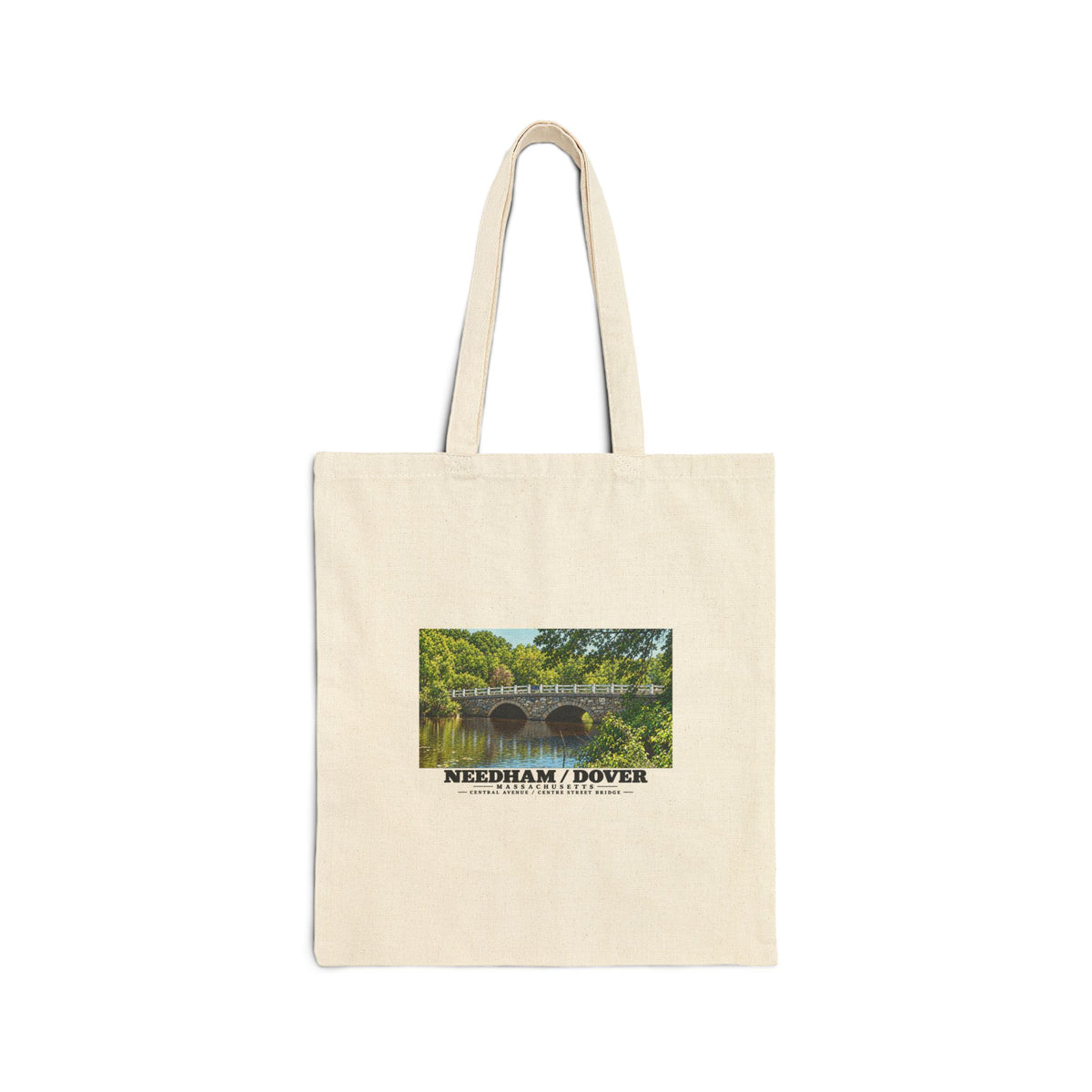 Natural fabric tote with Central Avenue / Centre Street Bridge stone arches and river artwork and Needham/Dover lettering