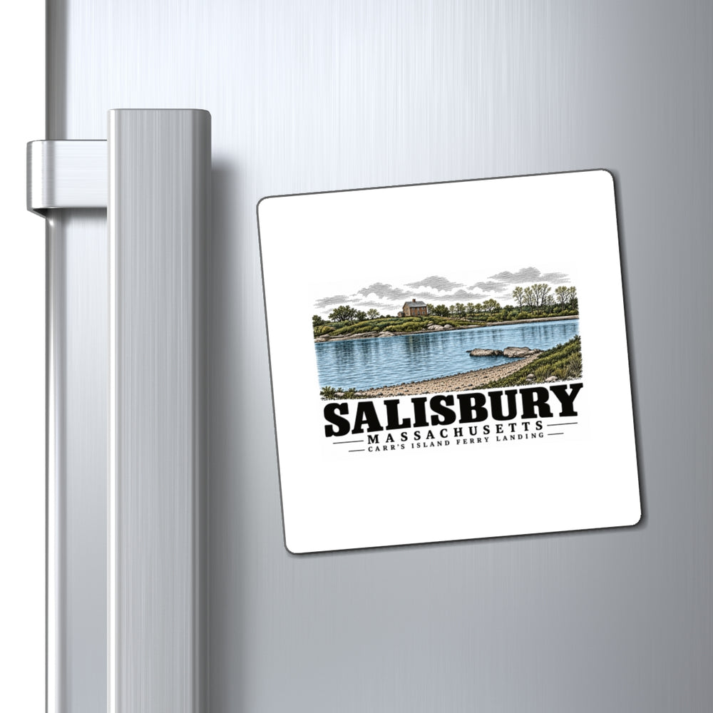 Refrigerator display of Carr’s Island Ferry Landing square magnet, with Salisbury, Massachusetts artwork and lettering.