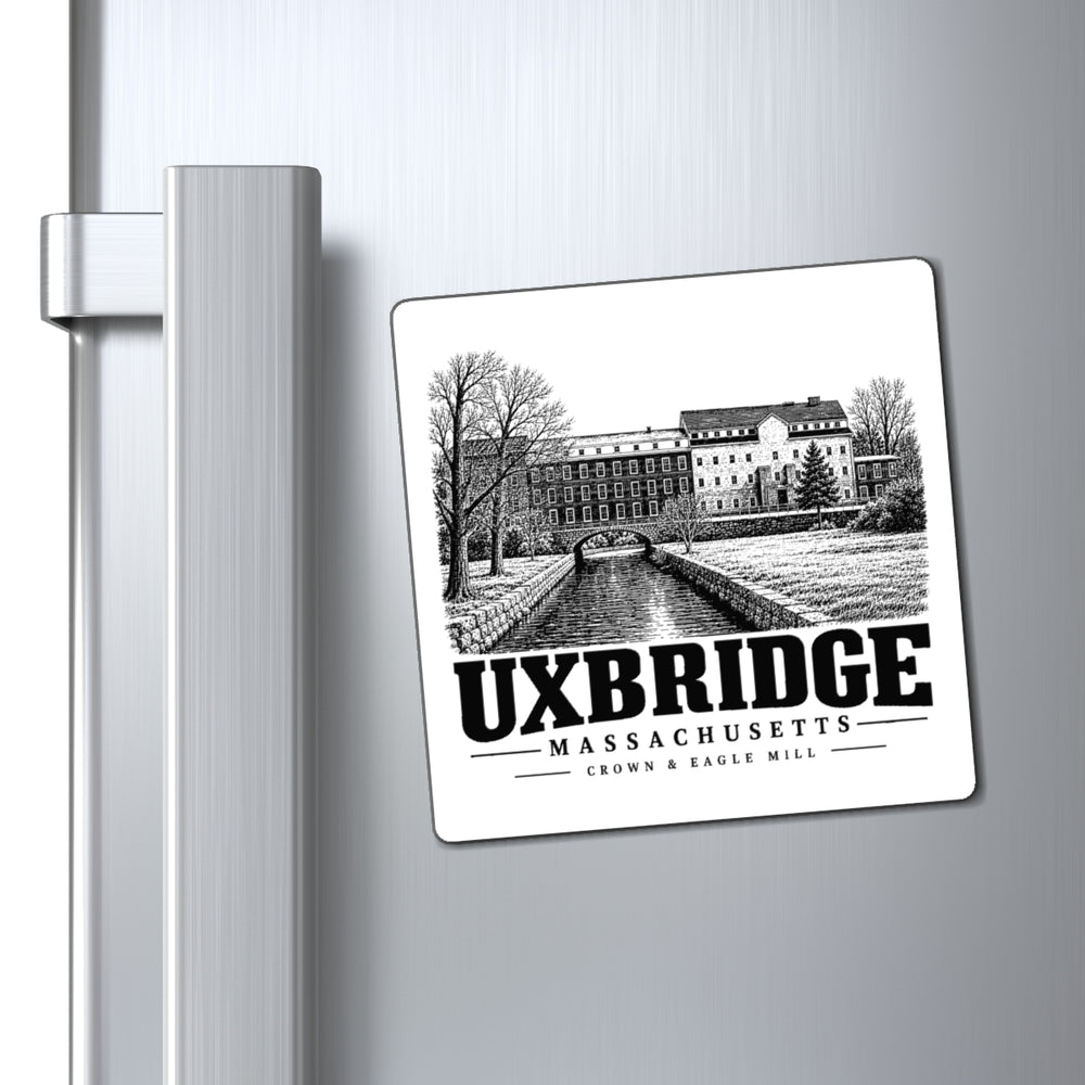 Uxbridge Crown & Eagle Mill 4-inch magnet displayed on a refrigerator