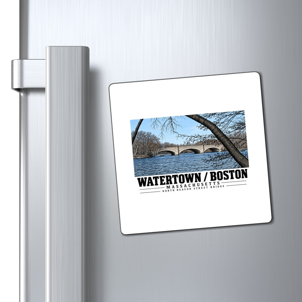 North Beacon Street Bridge stone arches framed by a bare tree magnet on a refrigerator beside its handle