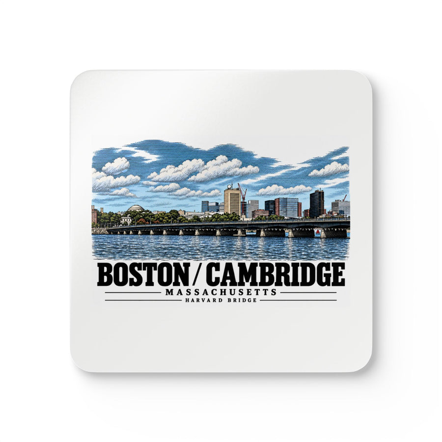 White square coaster showing Harvard Bridge river and skyline view artwork and Boston/Cambridge lettering