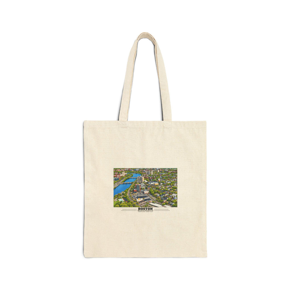 Natural fabric tote with Charles River aerial city view with bridges, buildings and green trees artwork and Boston lettering