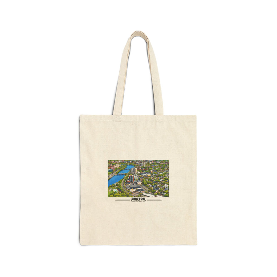 Natural fabric tote with Charles River aerial city view with bridges, buildings and green trees artwork and Boston lettering