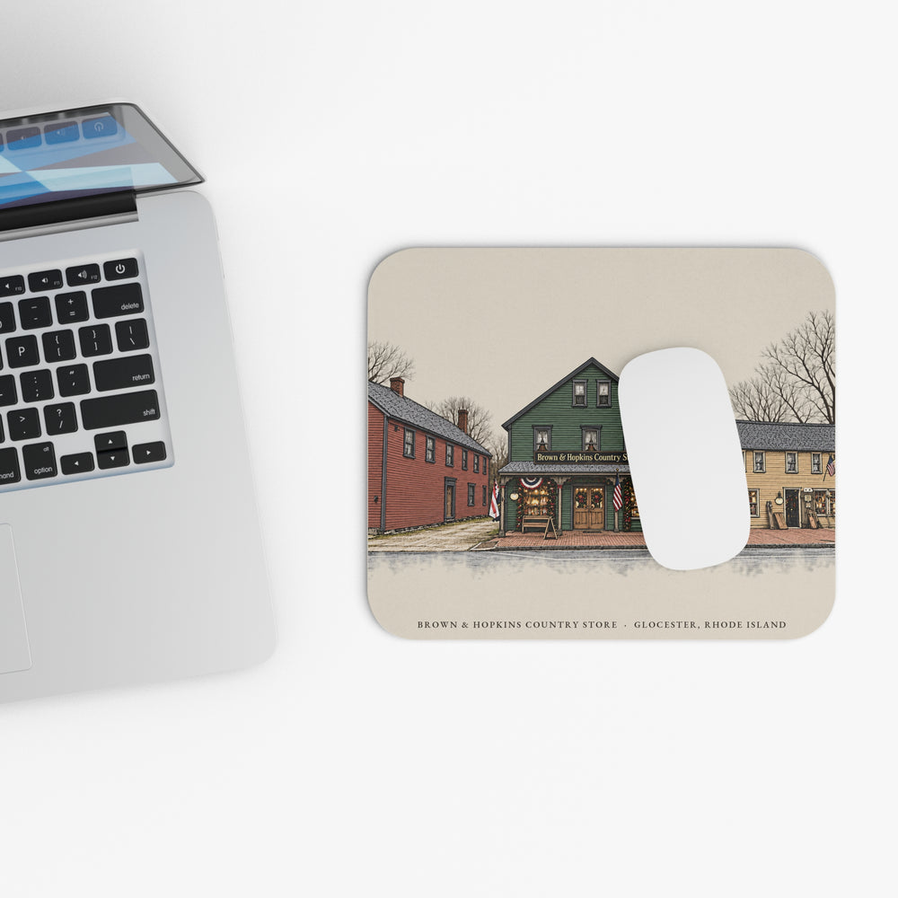 Glocester Brown & Hopkins Country Store, Chepachet mouse pad mockup showing the full illustrated print