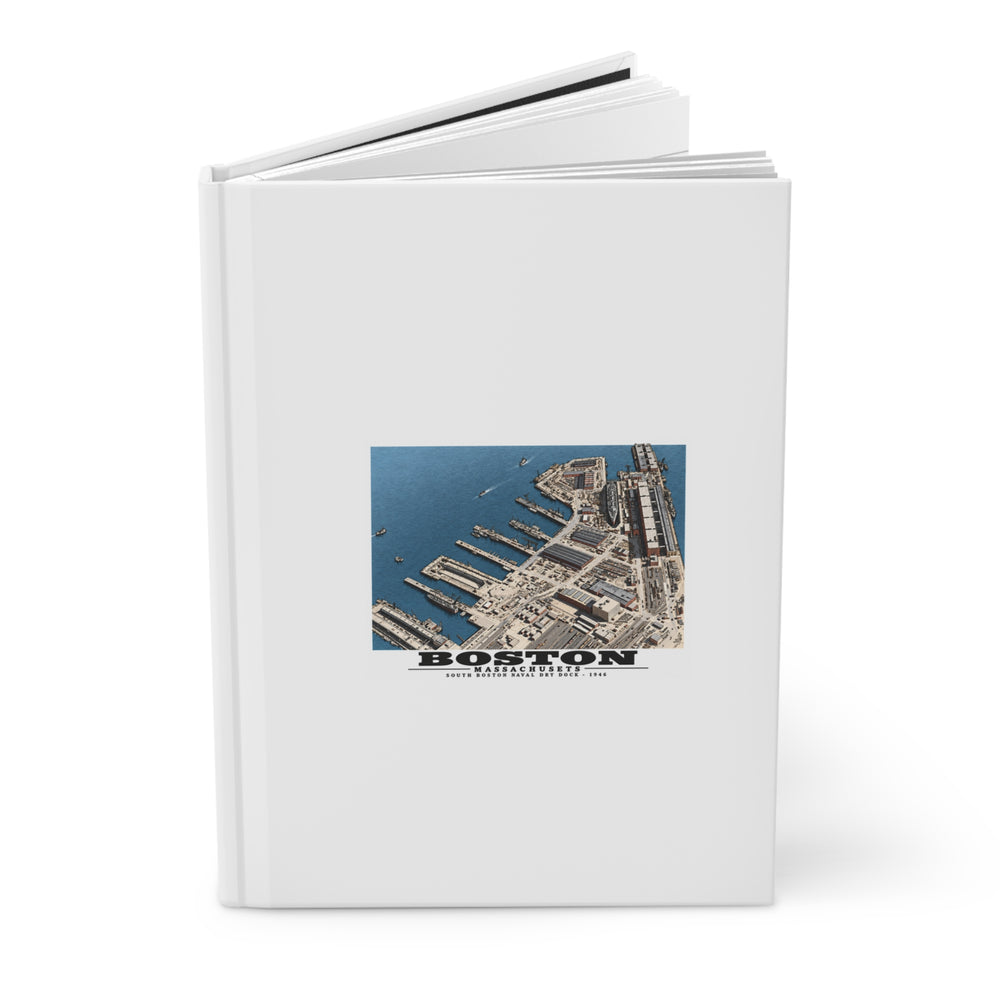 Aerial view of US Naval Dry Dock, South Boston showing development of facilities.  HMS QUEEN MARY in Dry Dock #3 Matte Hardcover Journal - Boston Harbor