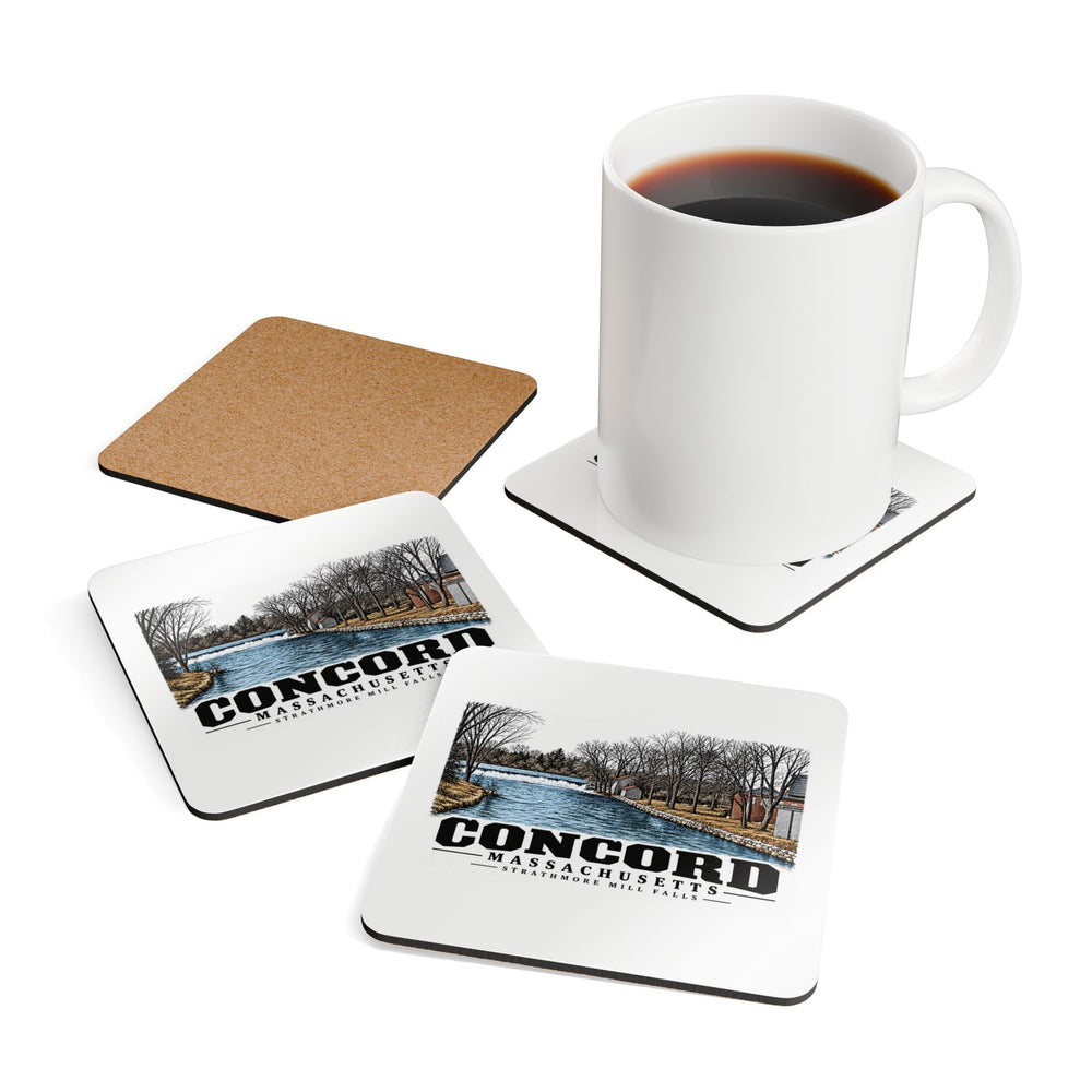 Illustrated Strathmore Mill Falls in Concord on corkwood coaster set