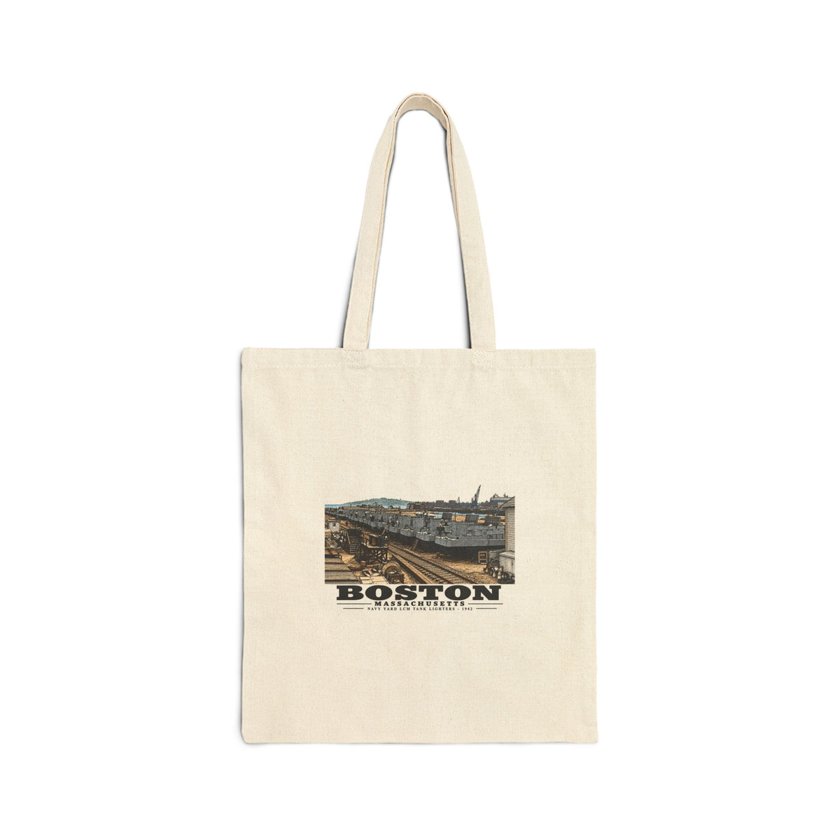 Illustrated Tank Lighters at Boston Navy Yard in Charlestown on cotton canvas tote — natural canvas