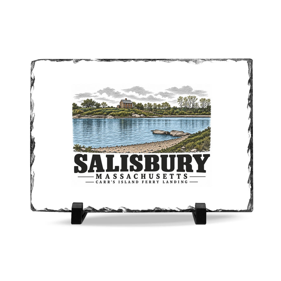 Front on display stands of Carrs Island slate desk plaque, with Salisbury, Massachusetts artwork and lettering.
