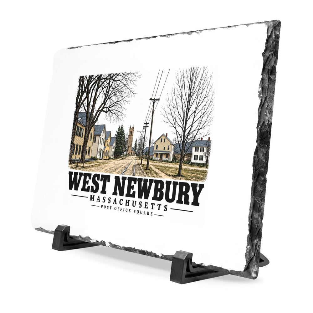 Illustrated Post Office Square and street railway tracks in West Newbury on slate desk plaque