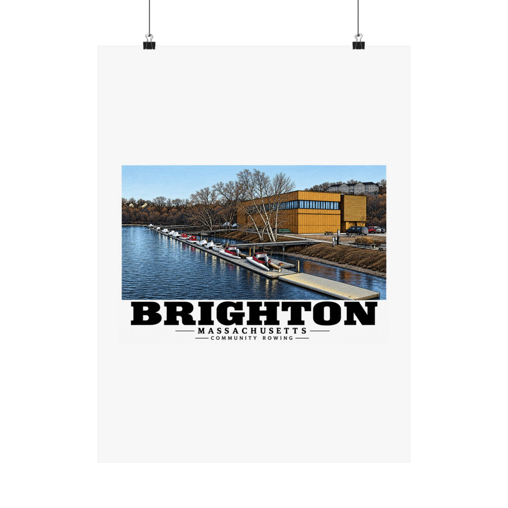 Community Rowing building, dock and boats poster with Brighton lettering hanging from two binder clips