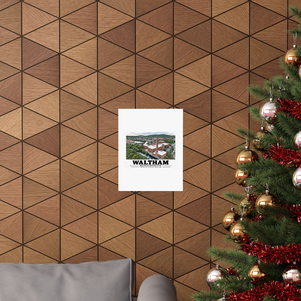 Charles River Museum poster displayed on a geometric wood wall beside a decorated tree.