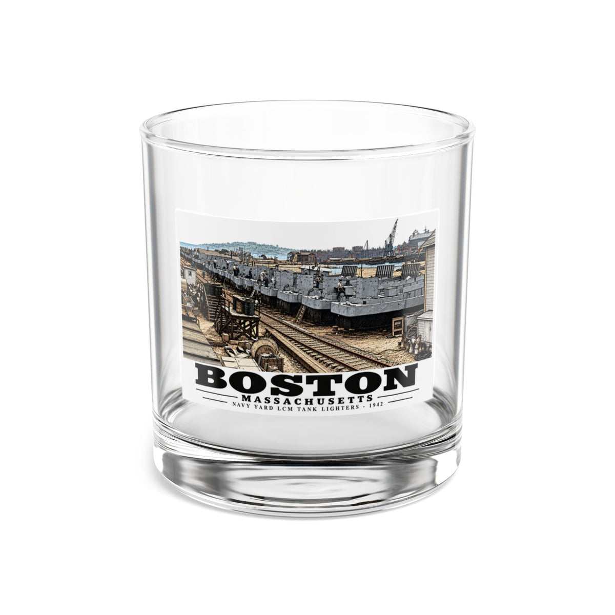 Illustrated Tank Lighters at Boston Navy Yard in Charlestown on rocks glass