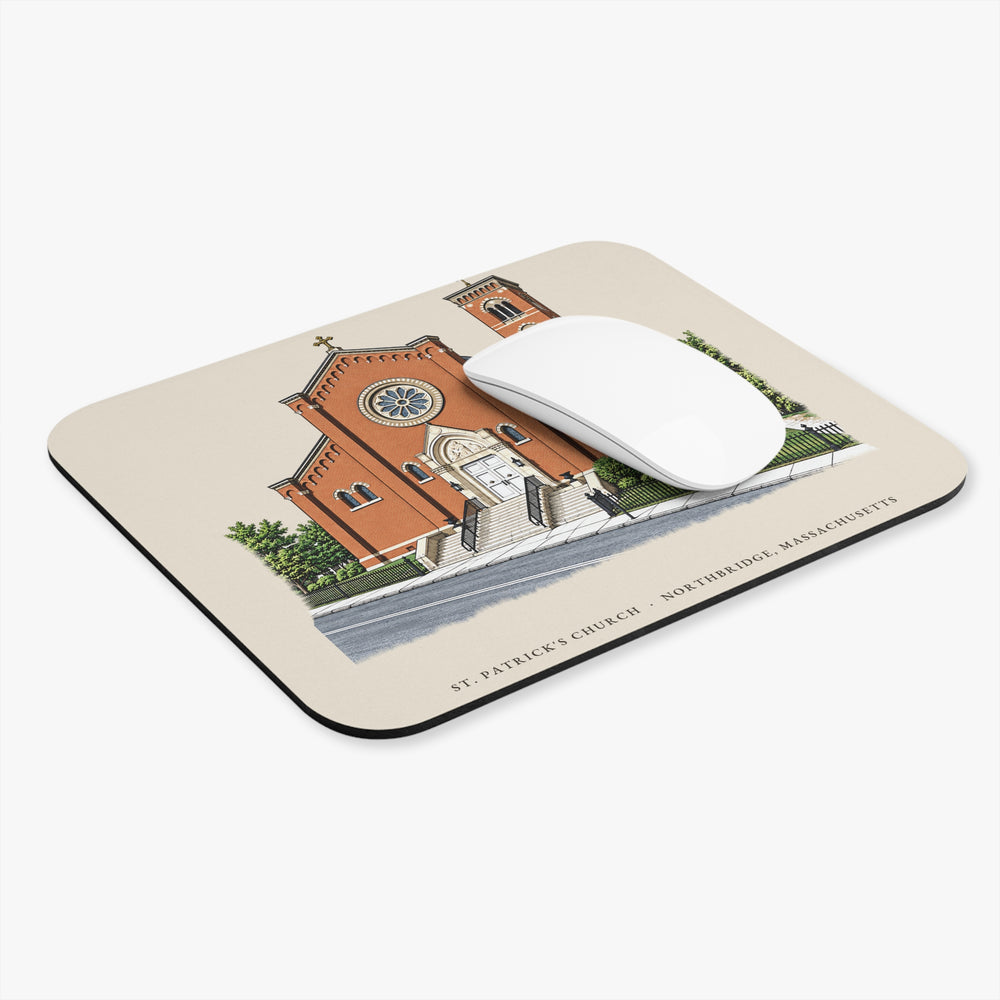 Northbridge St. Patrick's Church mouse pad mockup showing the full illustrated print