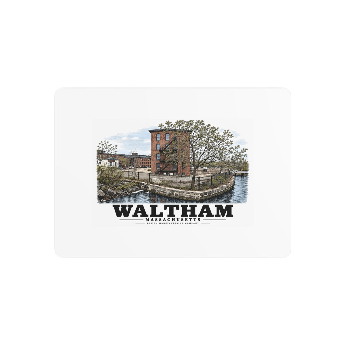Illustrated Boston Manufacturing Company in Waltham on metal art sign