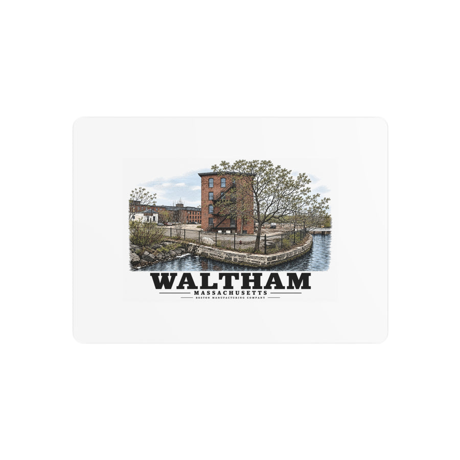 Illustrated Boston Manufacturing Company in Waltham on metal art sign
