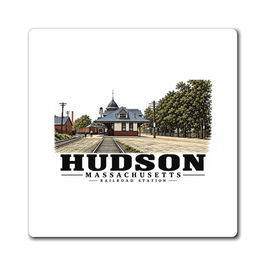 Illustrated Railroad Station in Hudson on square magnet