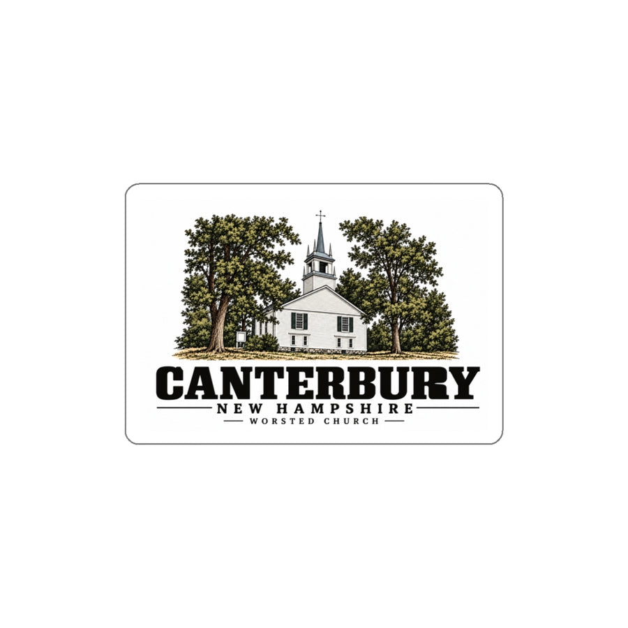 Front of Worsted Church white die-cut sticker, with Canterbury, New Hampshire artwork and lettering.