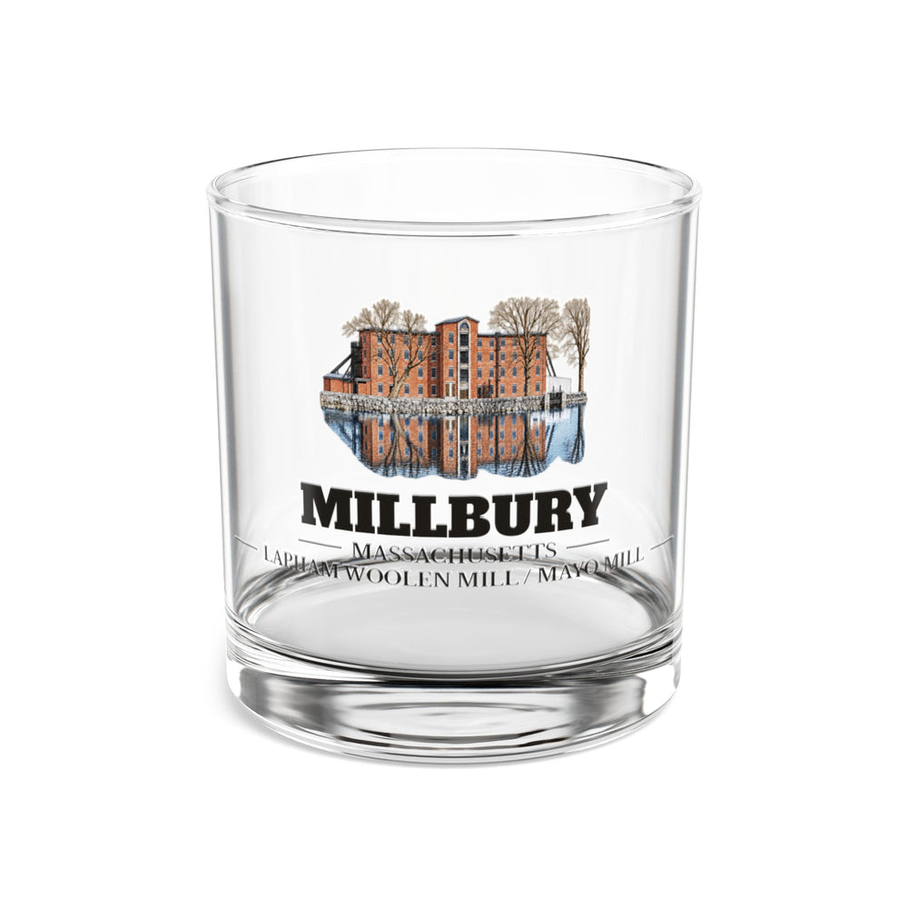 Front view of the Millbury Lapham Woolen Mill / Mayo Mill artwork printed on a clear 10 oz rocks glass