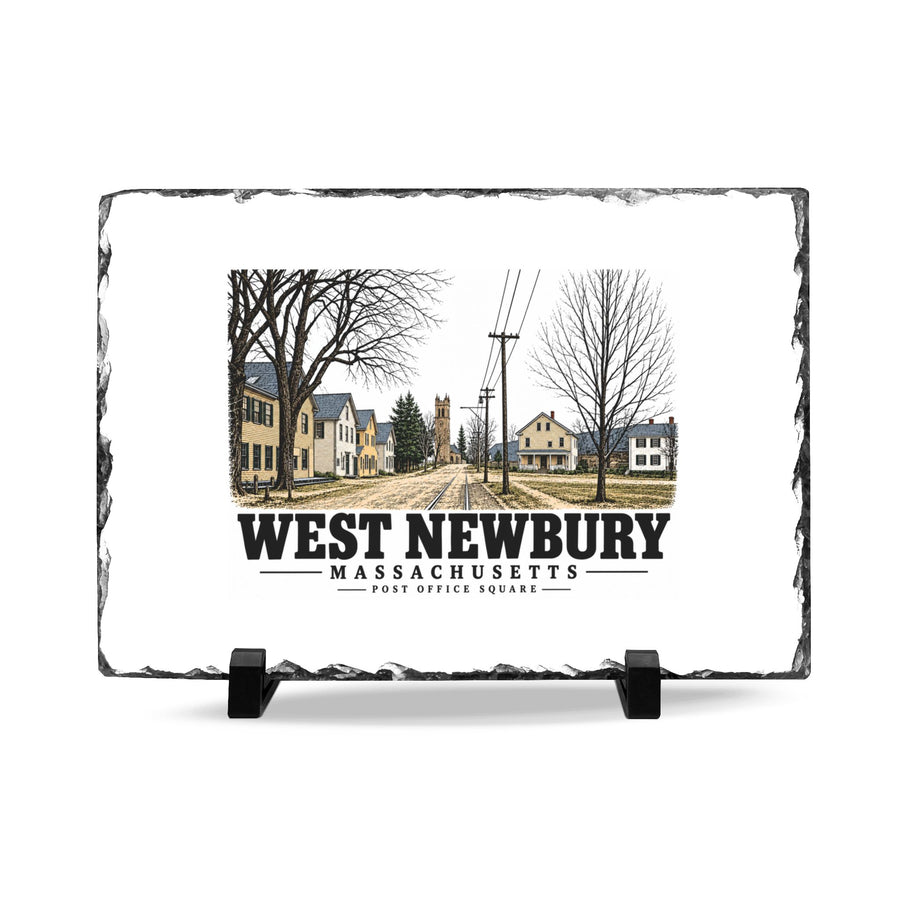 Illustrated Post Office Square and street railway tracks in West Newbury on slate desk plaque